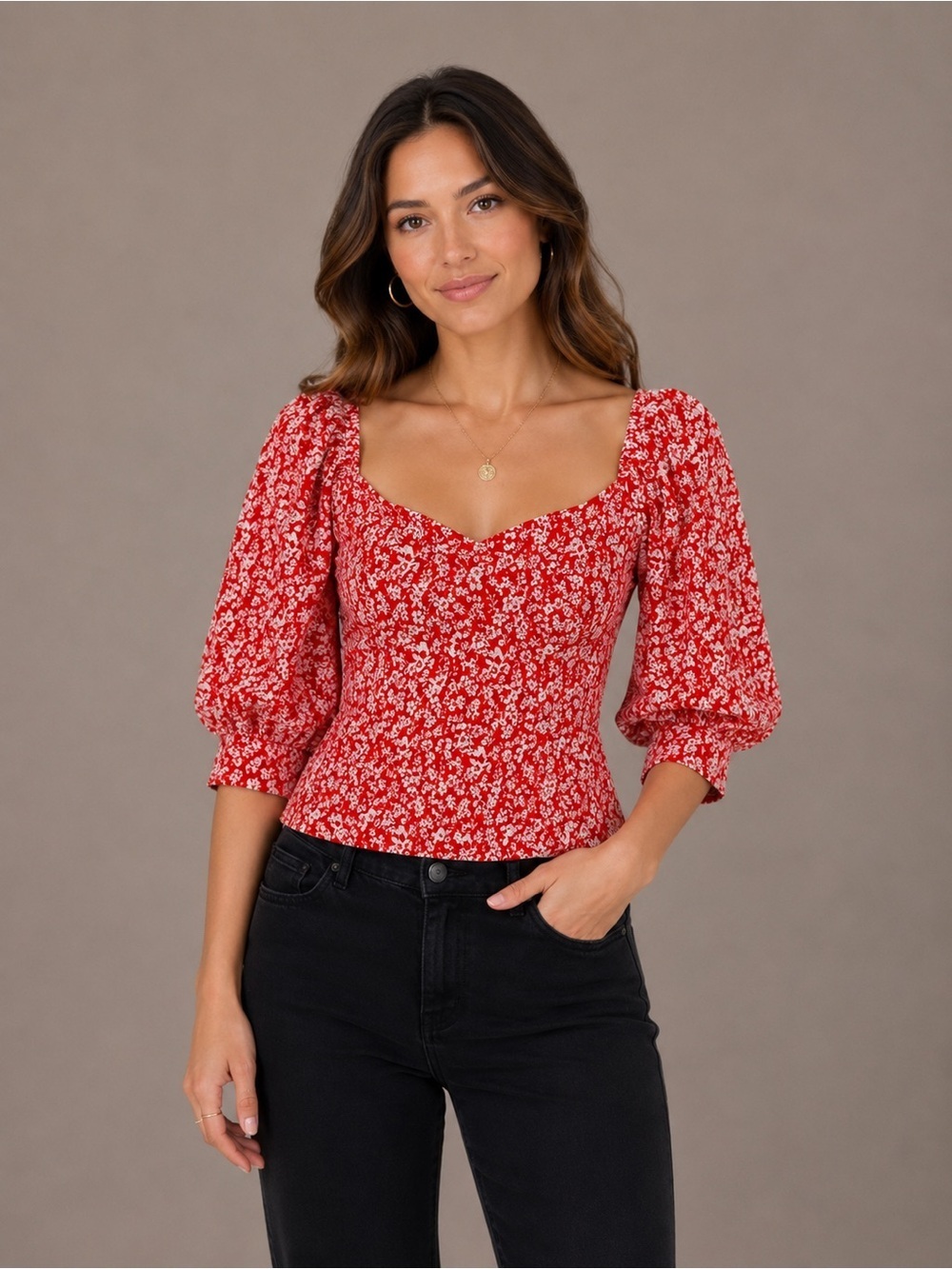 Anthropologie Top Women’s XS Shirt Floral Red Puff Sleeve Blouse B4